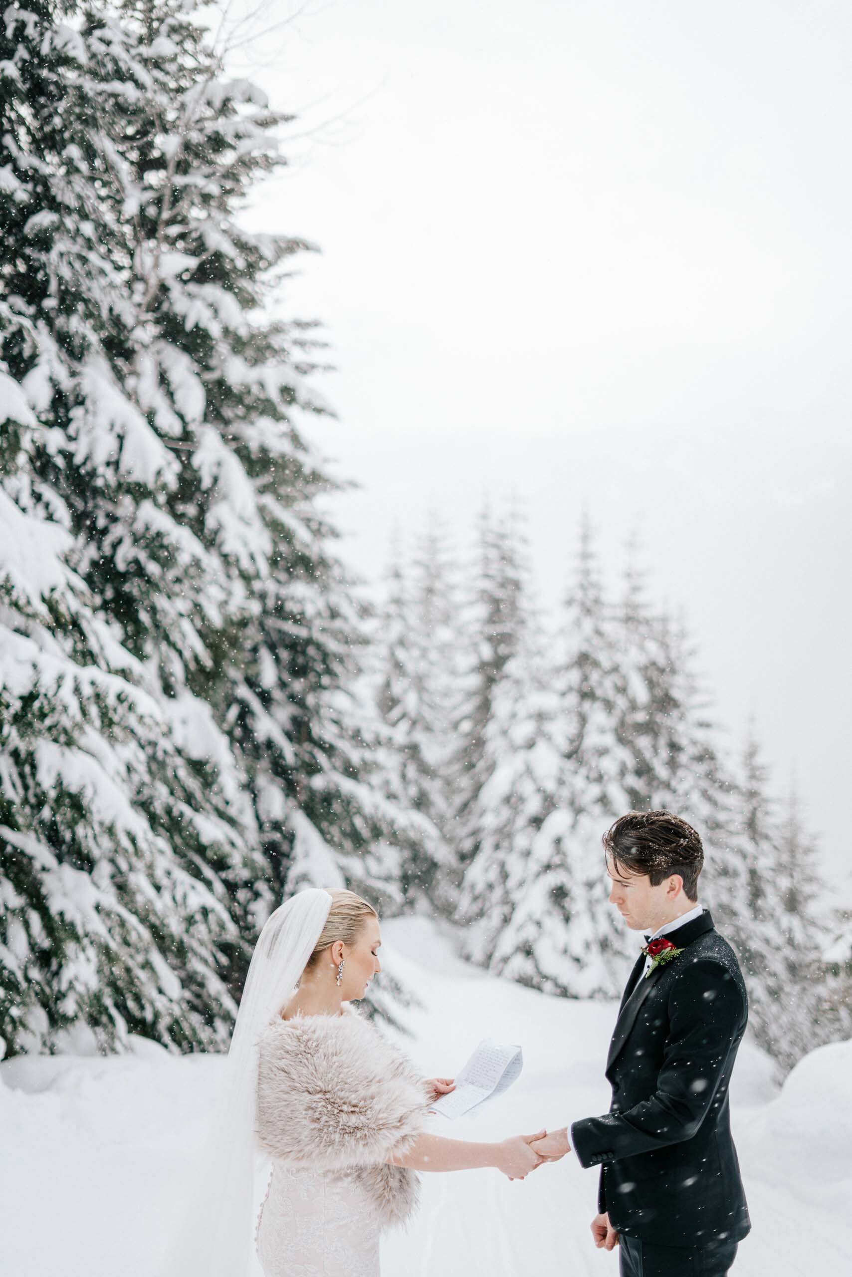 A bride and groom exchange rings in the snow at Whistler BC.