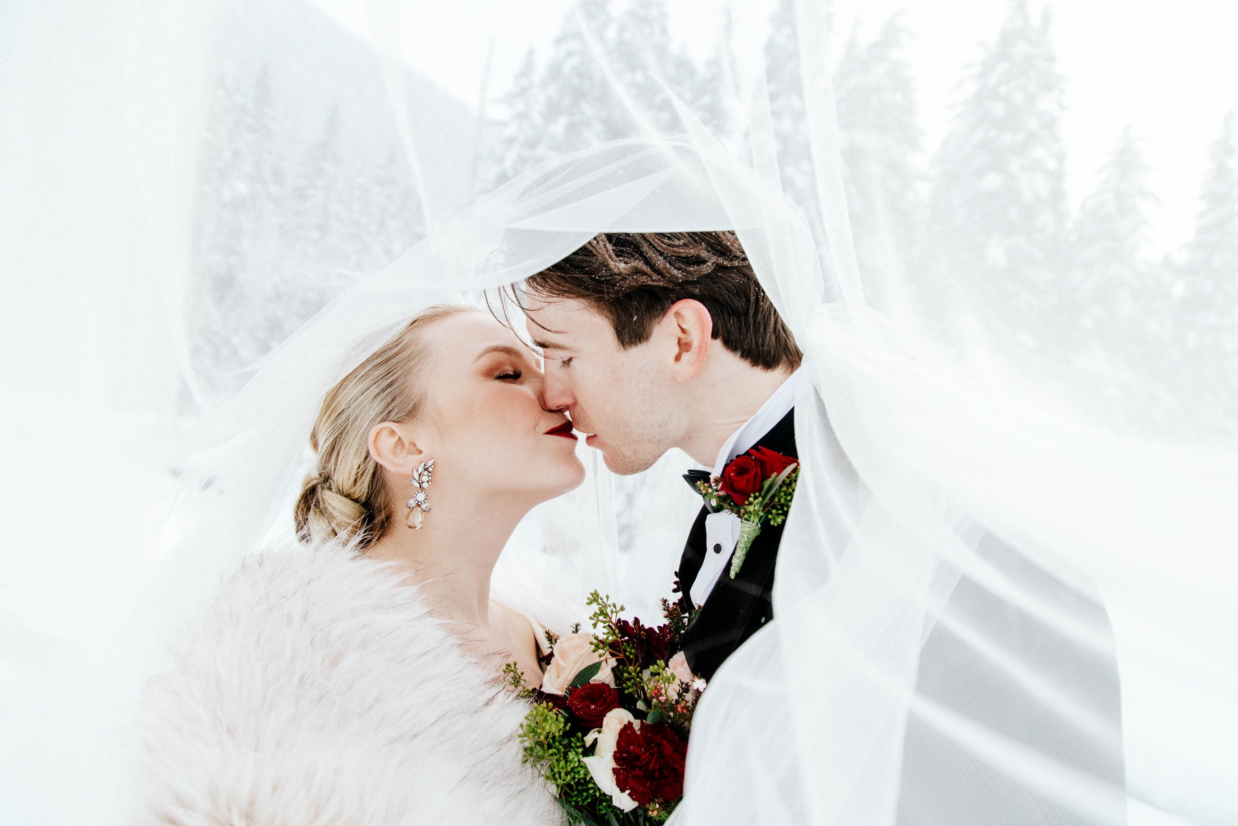 A bride and groom kiss under the brides veil in an artistic photo by beautiful life studios.