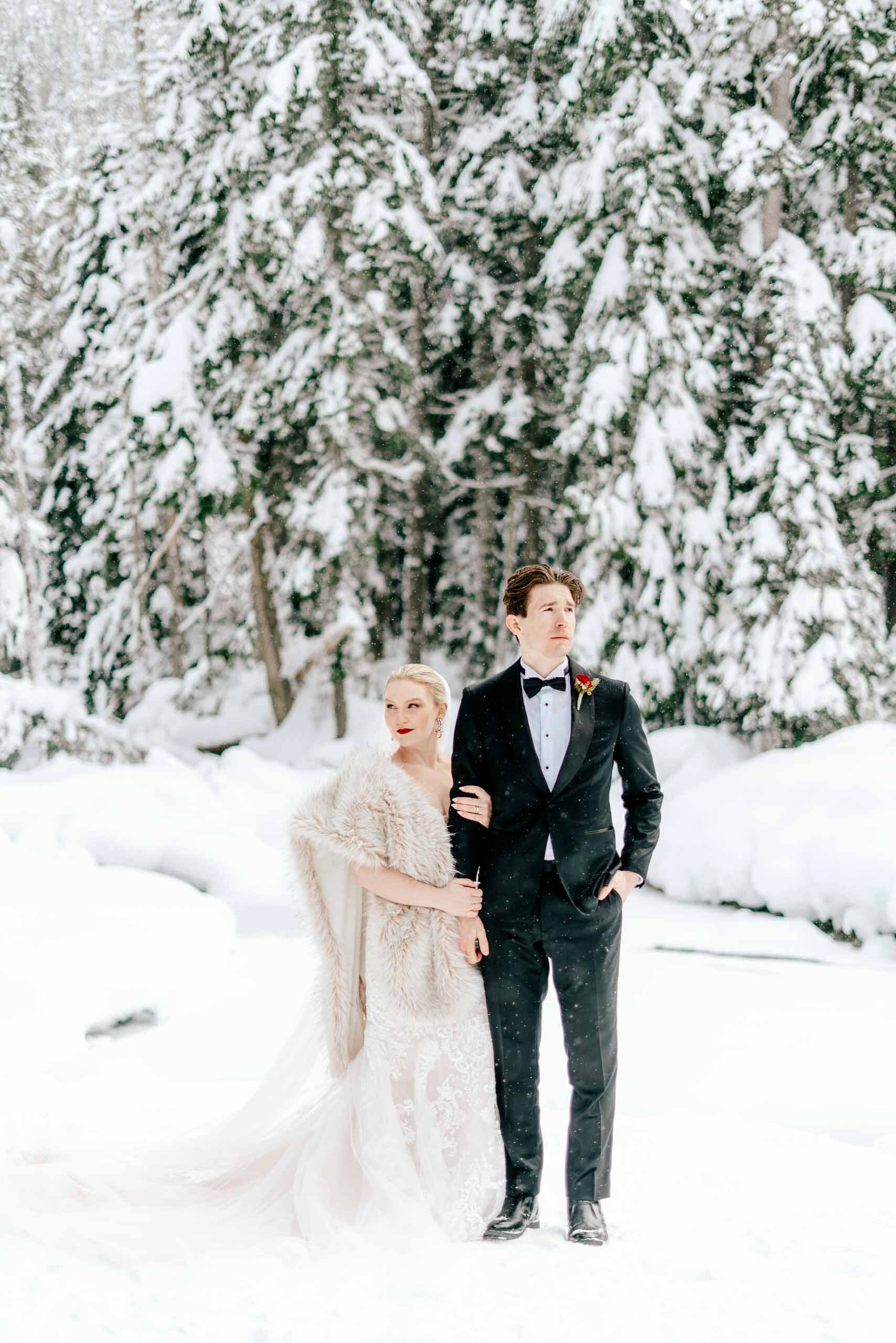 A bride in an elegant fur stole clutches her grooms arm as they stand in the snow and evergreen of Whistler, BC.