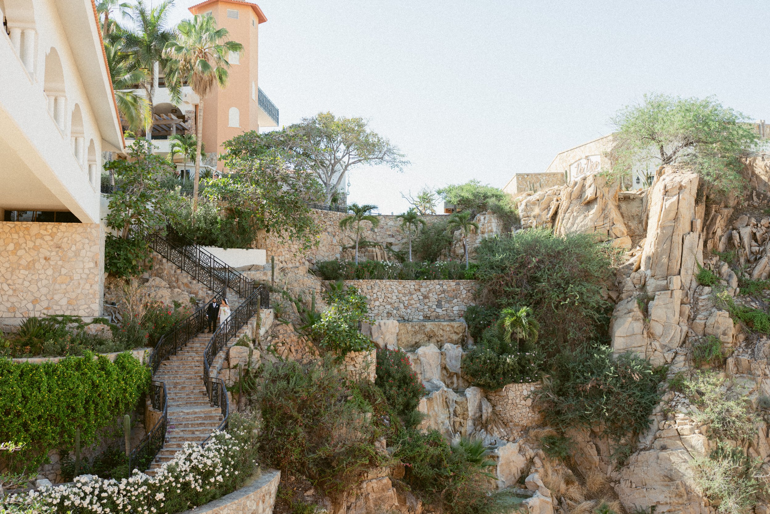 Bride and groom descending stone steps in Mexico surrounded by desert landscaping.