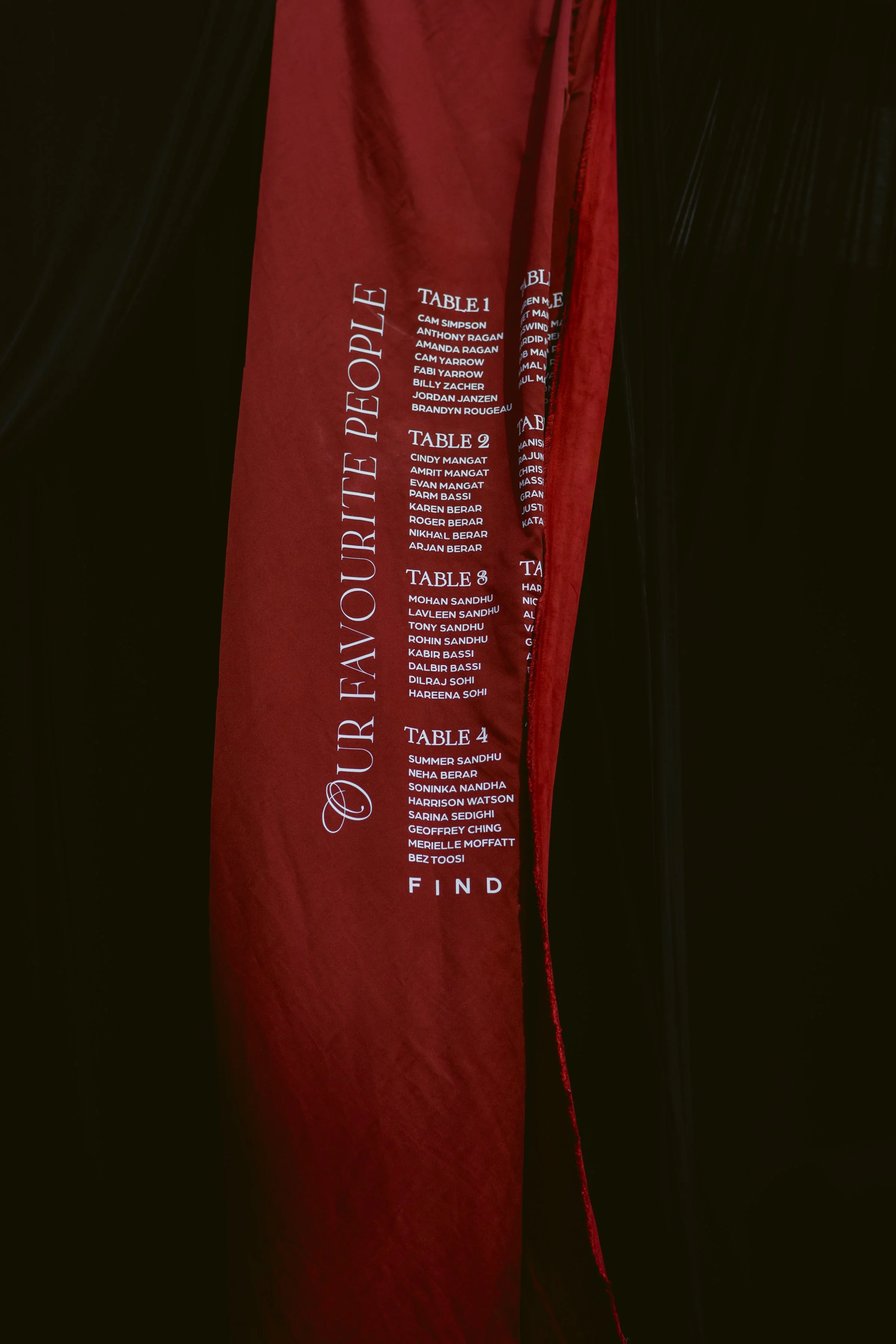 Editorial close-up of a deep red fabric seating chart displaying guest names in white typography.