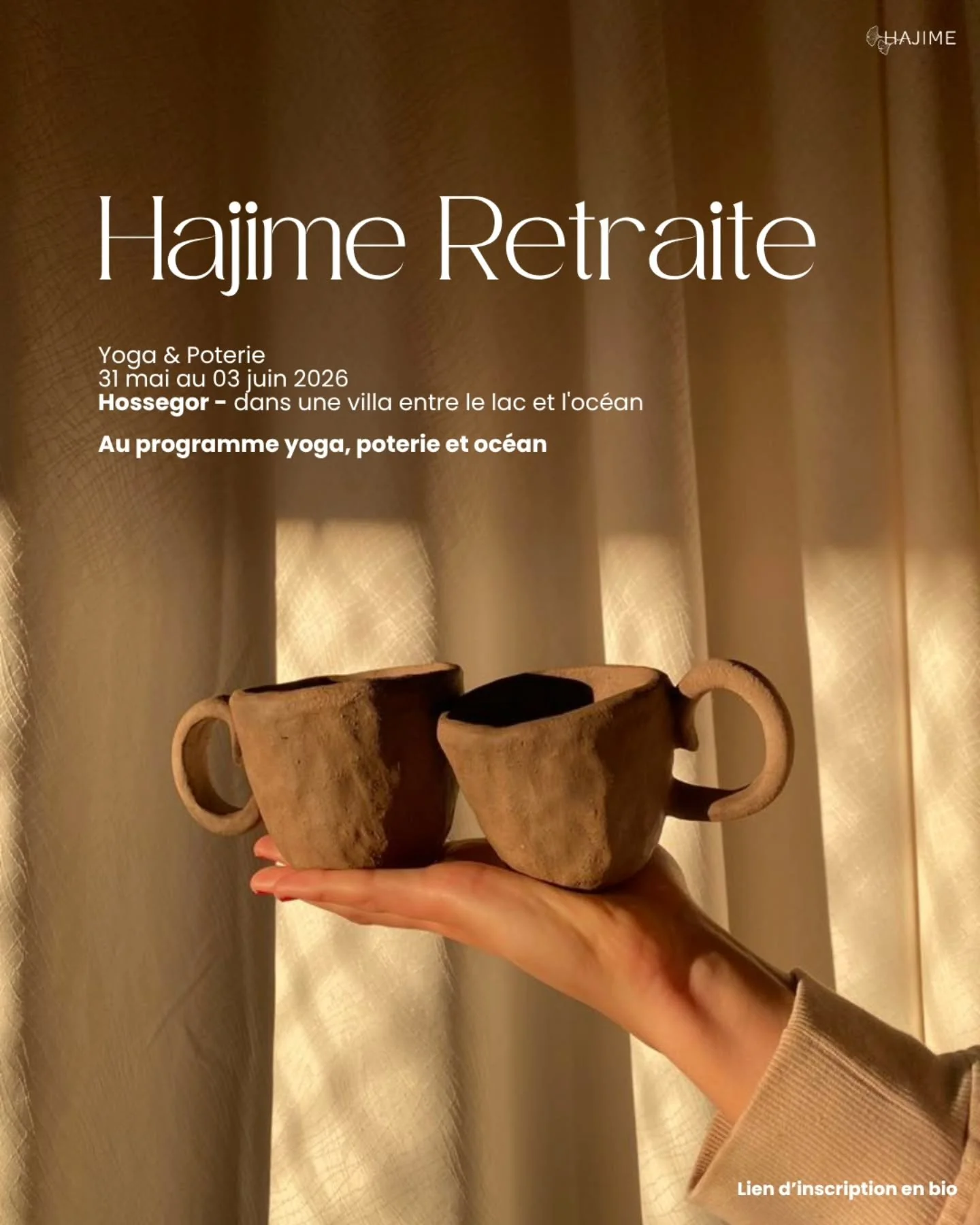 NOUVELLE RETRAITE - Yoga et Poterie
31 mais au 03 juin 2026

De retour &agrave; Hossegor pour d&eacute;connecter au bord de l'oc&eacute;an. 

- yoga vinyasa et yin, matin et soir avec @lisa.ep
- 2 cours de modelage avec @terres_bohemes_hossegor
- rep