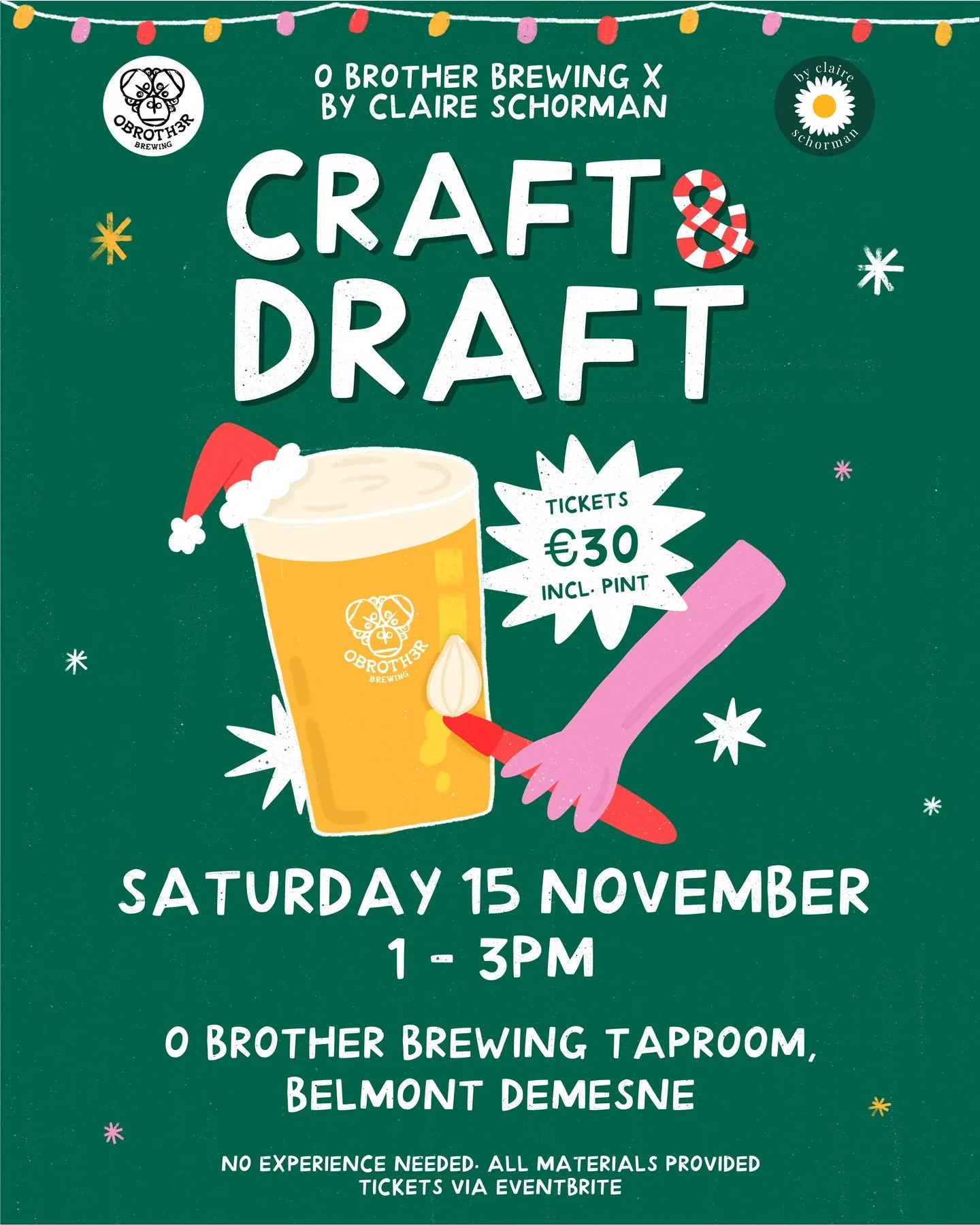 β¨ EXCITING NEWS β¨
O Brother Brewing and By Claire Schorman are teaming up to bring you Craft & Draft - a creative afternoon of pints and painting πΊπ¨
Join us on Saturday, 15th of November from 1 - 3PM at the gorgeous O Brother Brewing Taproom,