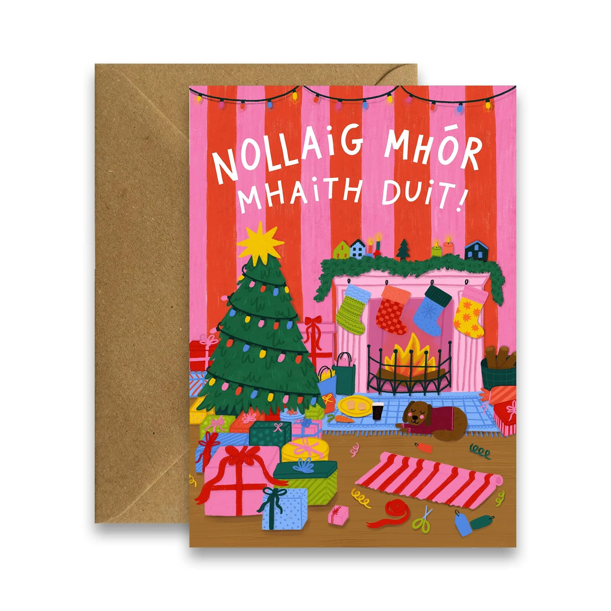 Colourful Irish Christmas card with Nollaig Mhór Mhaith Duit greeting, Christmas tree and festive fireplace illustration