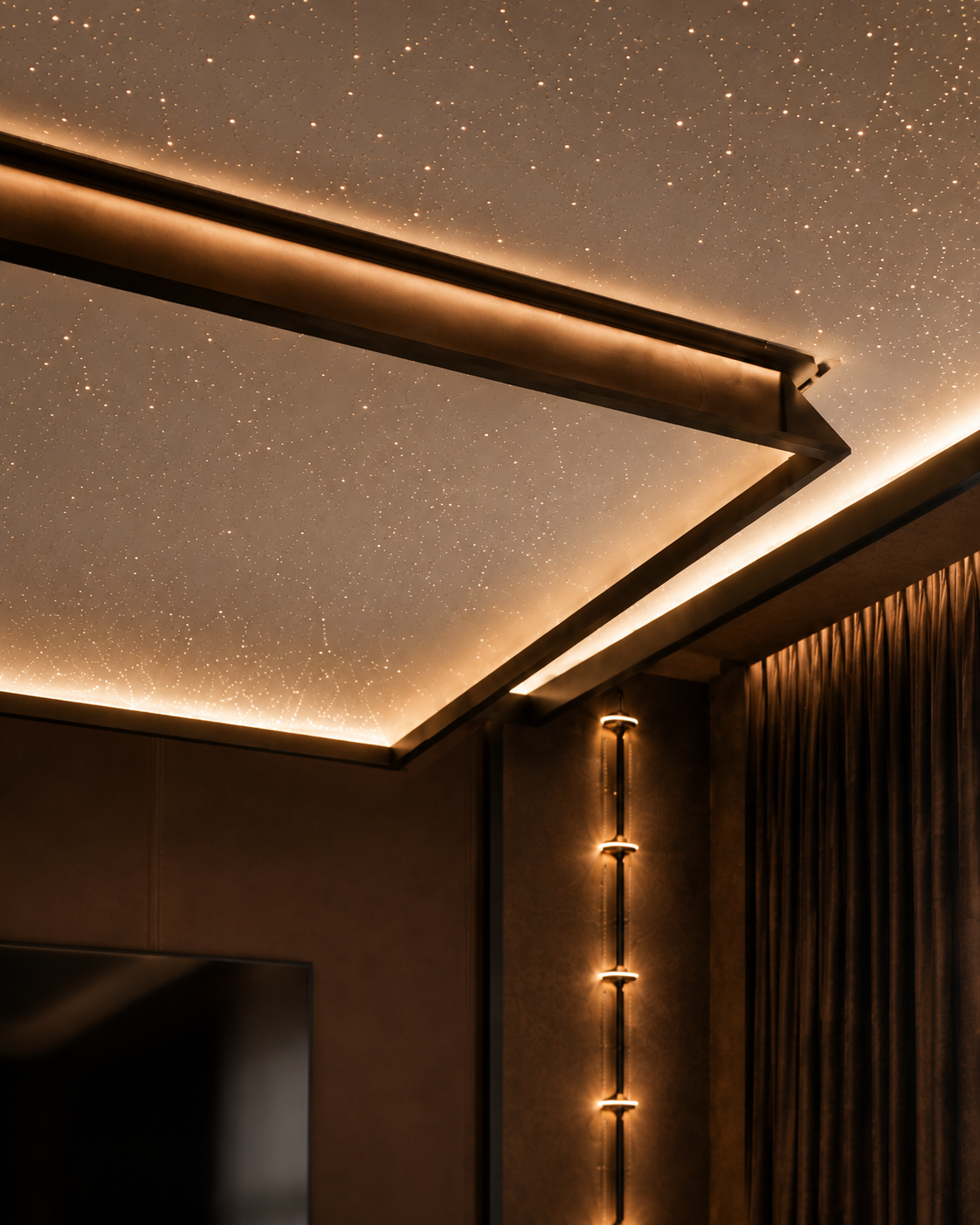 Ceiling with starry galaxy pattern and warm ambient lighting in a modern interior room.