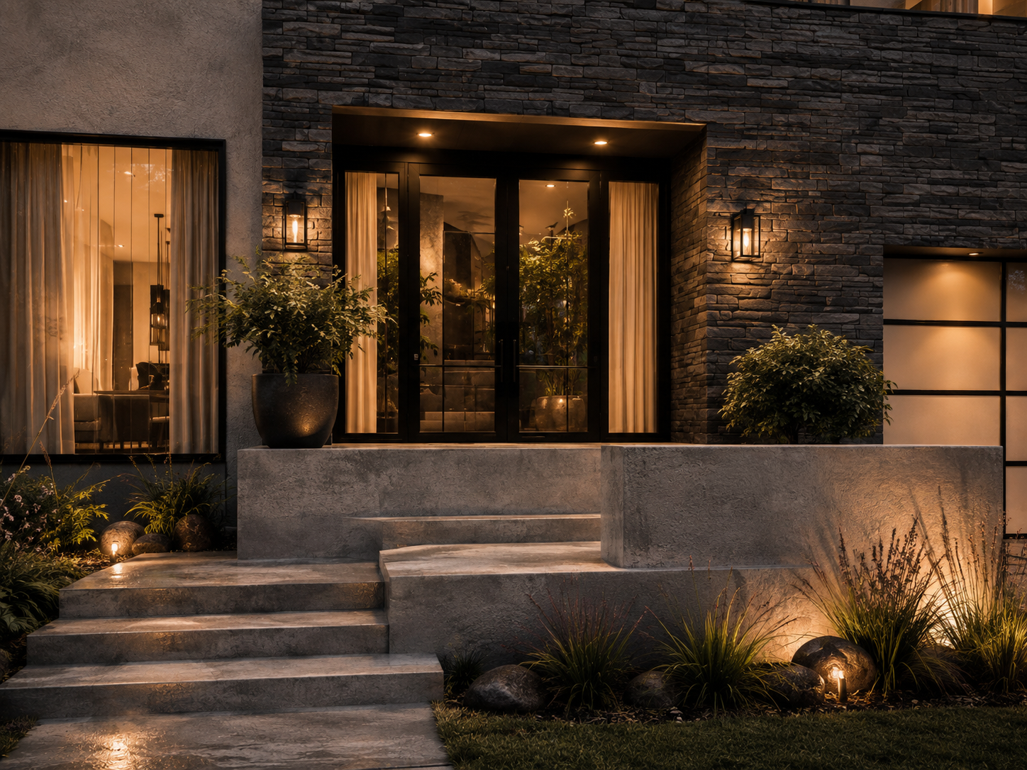 Nighttime exterior view of a modern house with lit outdoor lamps, stone steps leading up to a glass door entrance, potted plants on each side, and landscaped surroundings with rocks and grass.