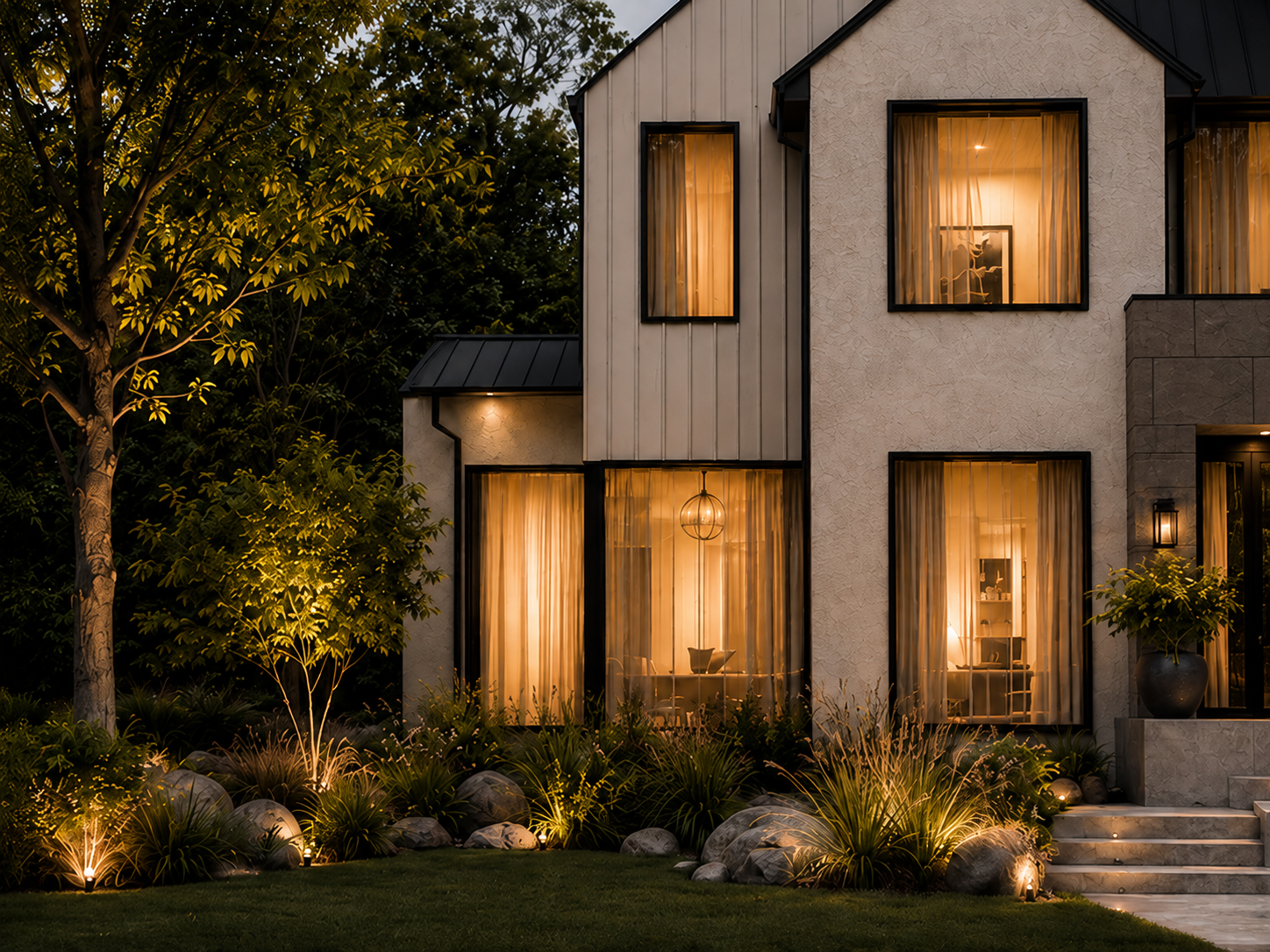 A modern two-story house with large windows with yellow curtains illuminated from inside, surrounded by landscaped garden with rocks and plants at dusk.