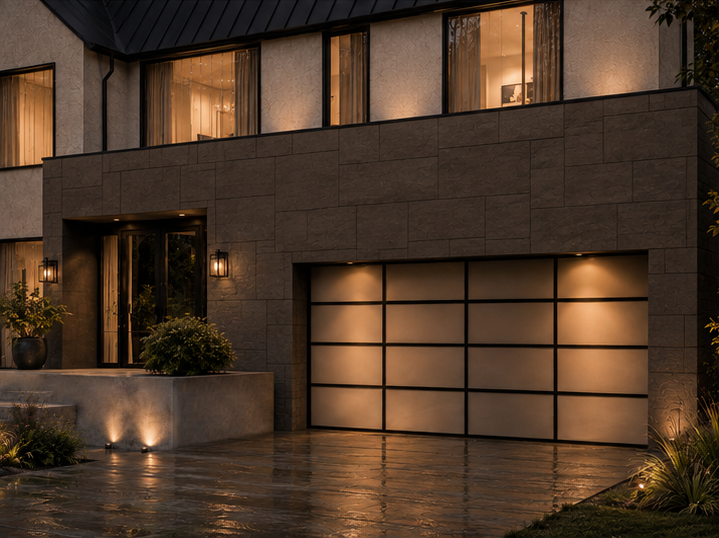 Modern house with a large garage door illuminated at night, with surrounding outdoor lighting and landscaped plants.