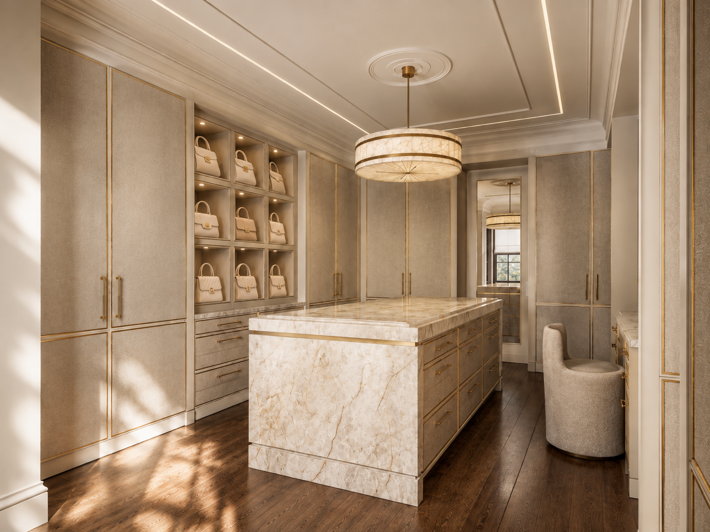 Luxurious walk-in closet with marble island, built-in shelves with handbags, beige and gold decor, chandelier, and wooden floor.