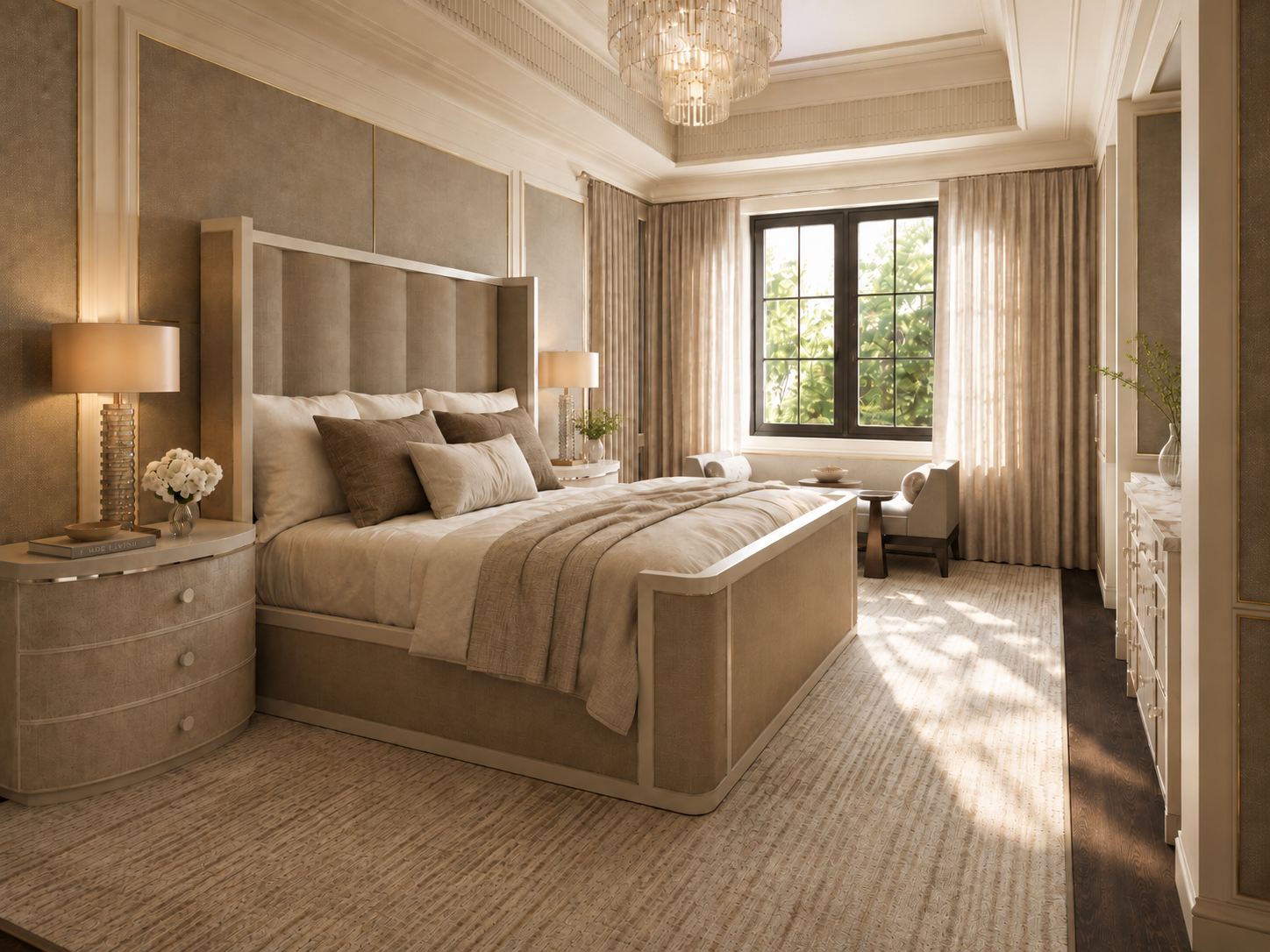 A luxurious bedroom with a beige upholstered bed, matching bedside tables with lamps, light curtains, a large window with greenery outside, a small seating area with chairs and a table, and a chandelier overhead.