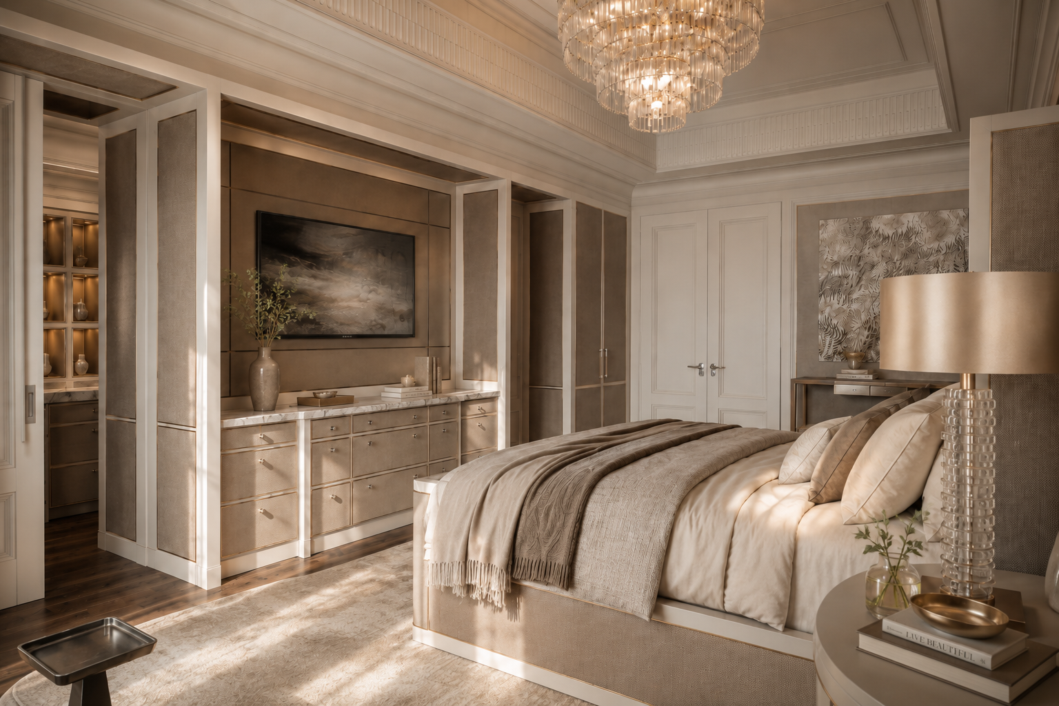 A luxurious bedroom with a large bed, beige and cream tones, modern decor, a chandelier, and a flat-screen TV on the wall.
