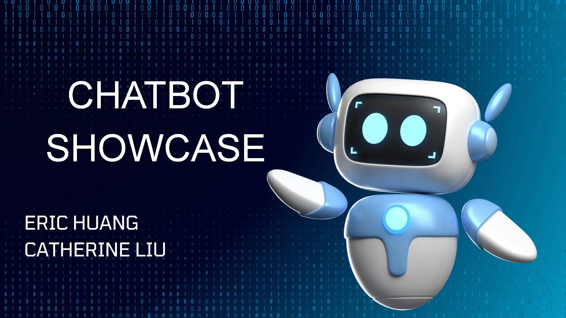 A digital illustration of a friendly robot with a white and blue body, large round head with a black screen displaying two glowing blue eyes, set against a dark blue digital code background. The robot appears to be waving or gesturing.