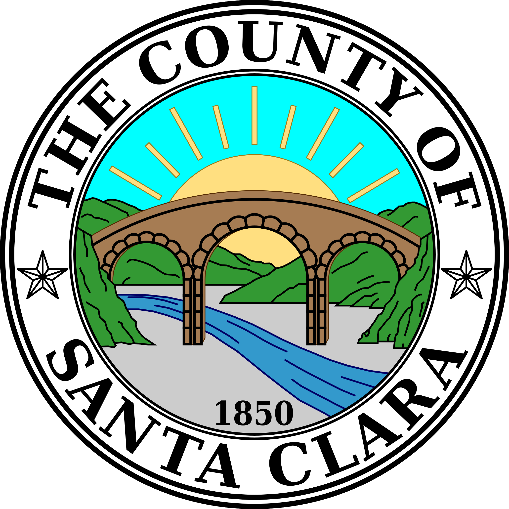 Seal of Santa Clara County featuring a bridge, river, sunrise, and the year 1850.