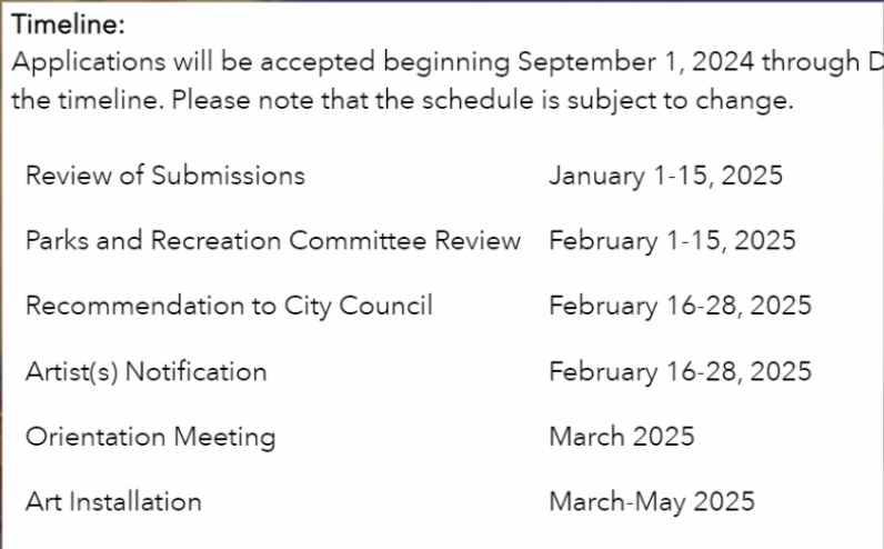 Schedule of events starting from application acceptance on September 1, 2024, with key dates for review and installation extending to May 2025.