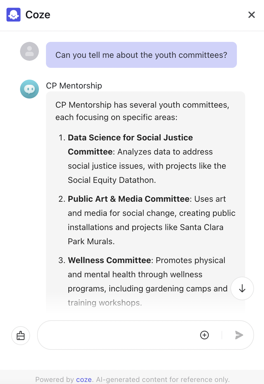 Screenshot of a chat describing youth committees under CP Mentorship. The committees are: 1. Data Science for Social Justice Committee - analyzes data for social justice issues. 2. Public Art & Media Committee - uses art and media for social change. 3. Wellness Committee - promotes health through wellness programs.