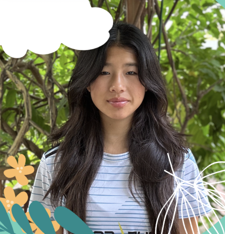 Young woman with long dark hair wearing a striped shirt, standing outdoors in front of greenery, with decorative flower and leaf graphics.