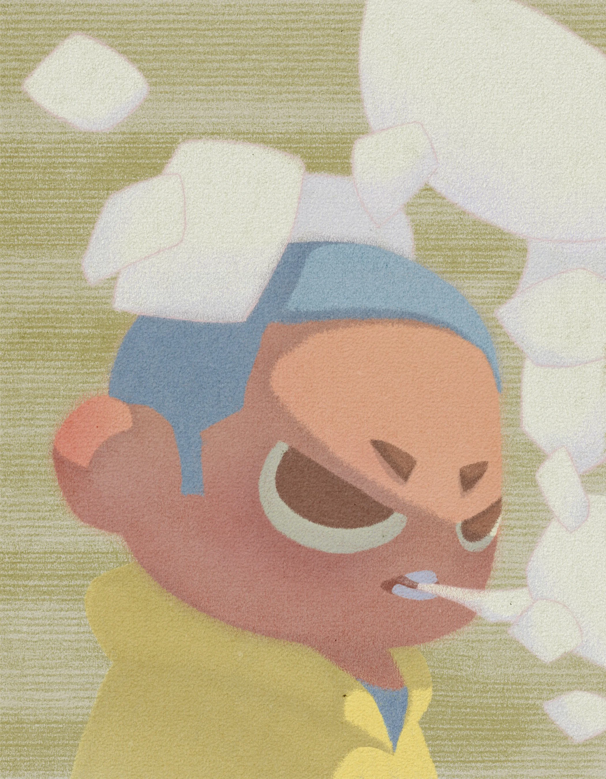 A stylized cartoon character with brown skin, wearing a yellow hooded jacket, smoking a cigarette. White flower petals around the character's head, set against a green background.