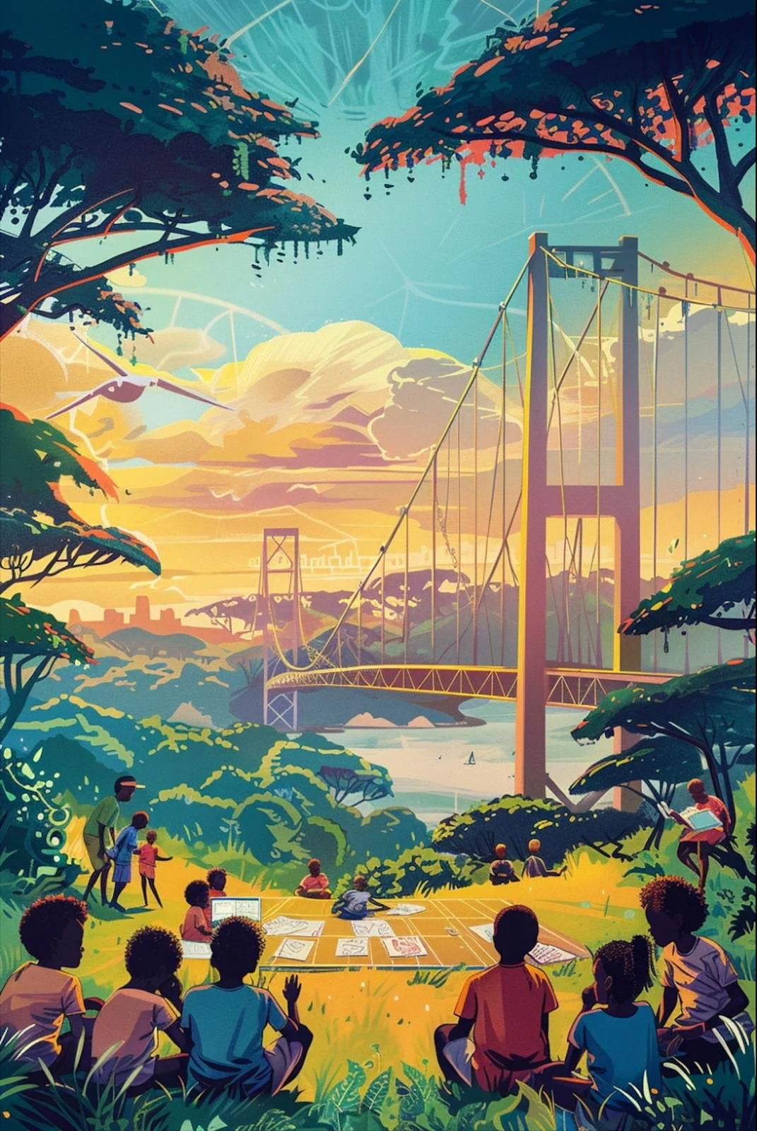 Children and adults in a lush, green outdoor setting near water, with a large suspension bridge in the background during sunset, some children sitting on the grass, some reading, and others walking.