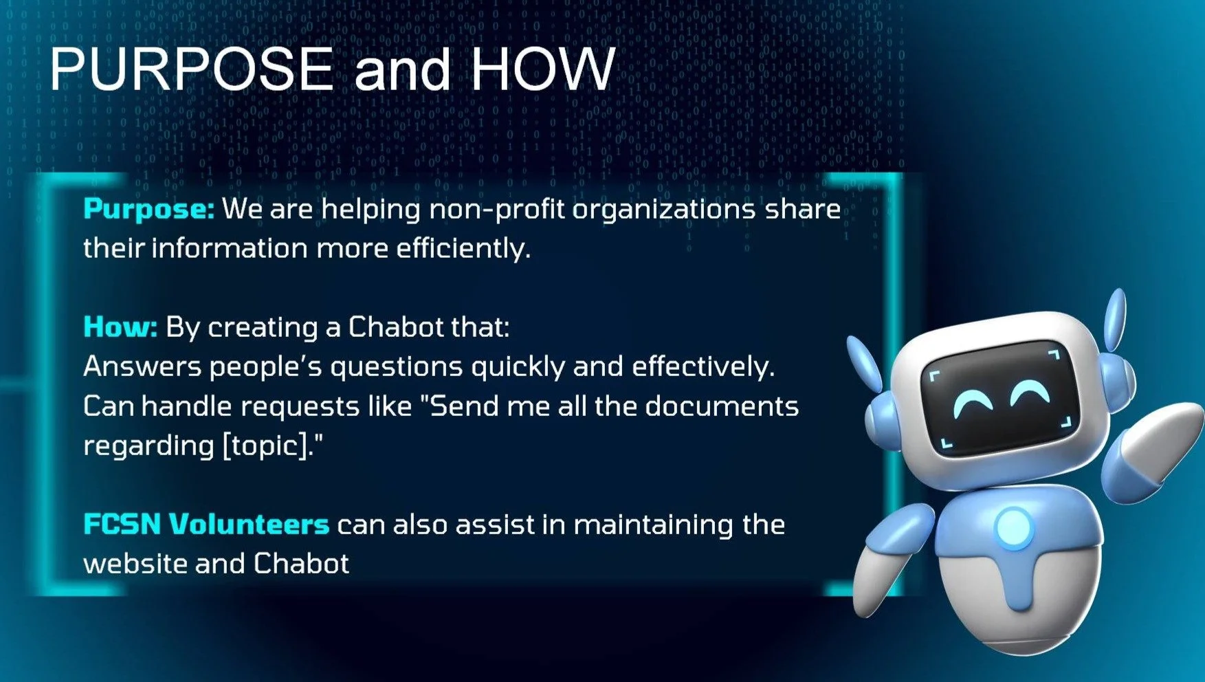 A digital graphic on a blue background with a smiling robot illustration on the right. Text on the left describes the purpose and how of creating a chatbot to help nonprofits share information efficiently, with key points highlighted in bold.