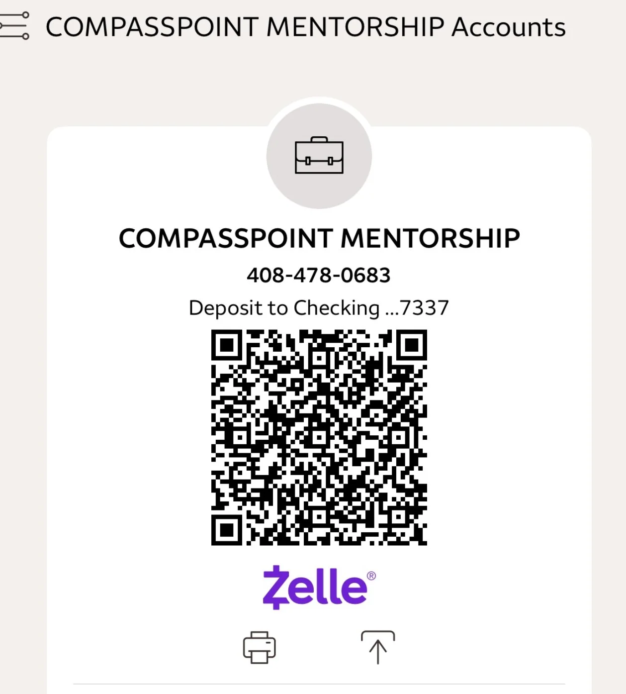 QR code for Compasspoint Mentorship's Zelle account, showing phone number and partial checking account number.
