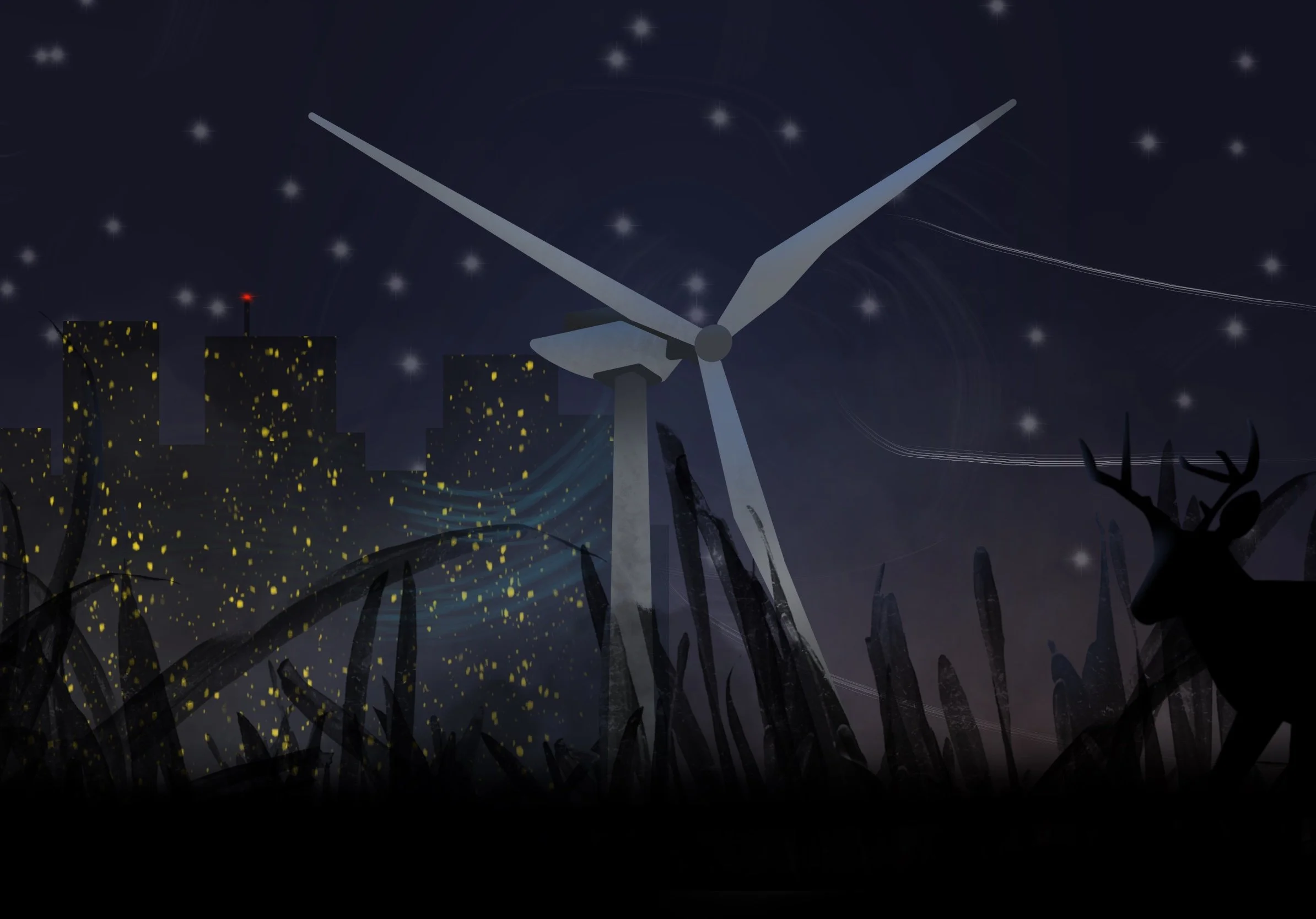 Night scene with a wind turbine, city skyline with illuminated windows, a silhouette of a deer in tall grass, and stars in the sky.