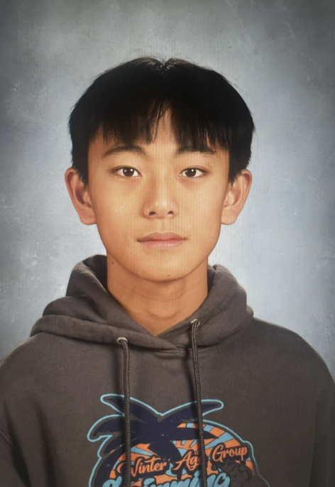 A young Asian boy with short black hair, wearing a gray hoodie with colorful graphics, looking directly at the camera with a neutral expression.
