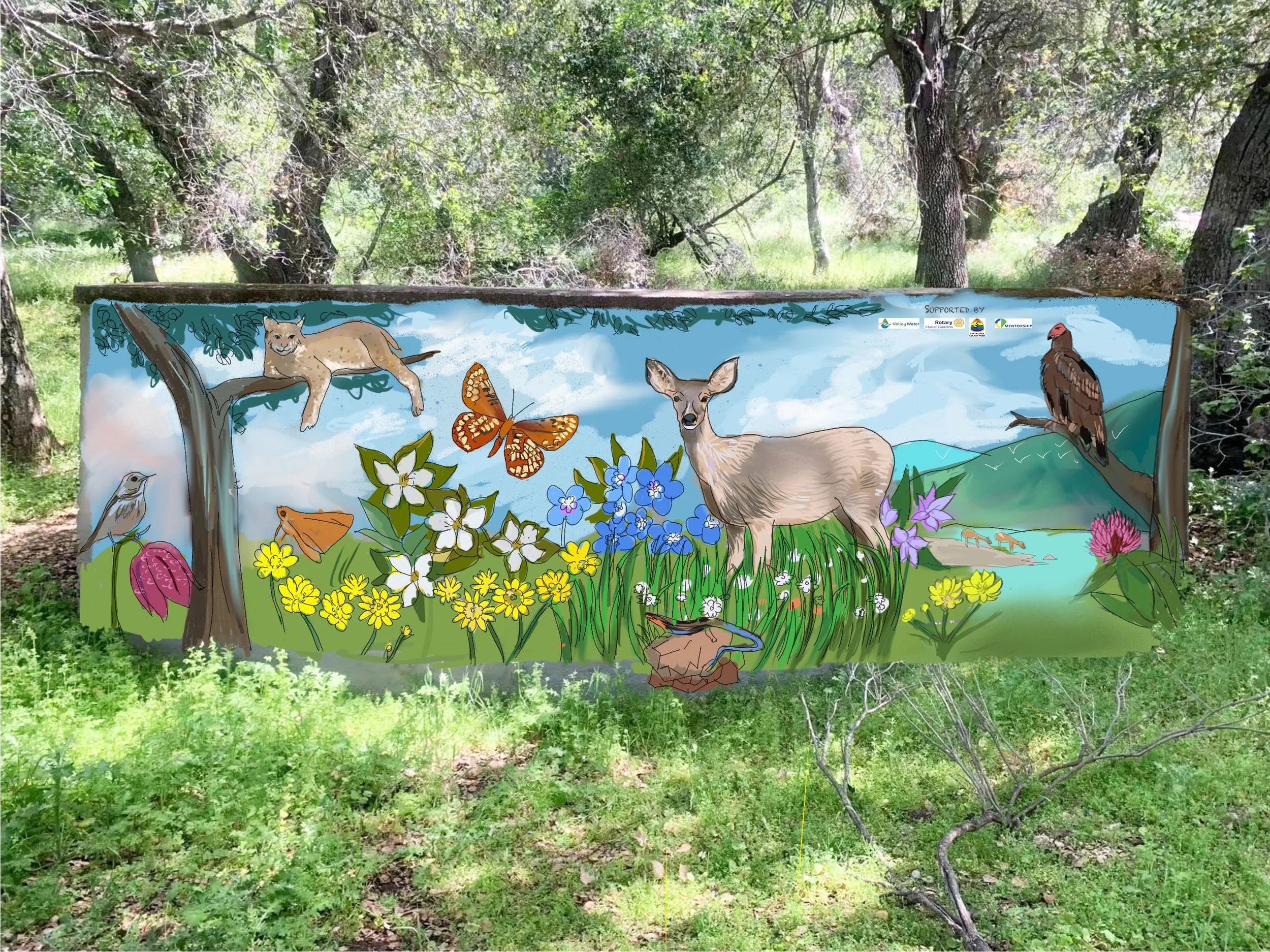 Colorful nature mural featuring a mountain lion, deer, birds, butterfly, and vibrant flowers against a forest landscape backdrop.
