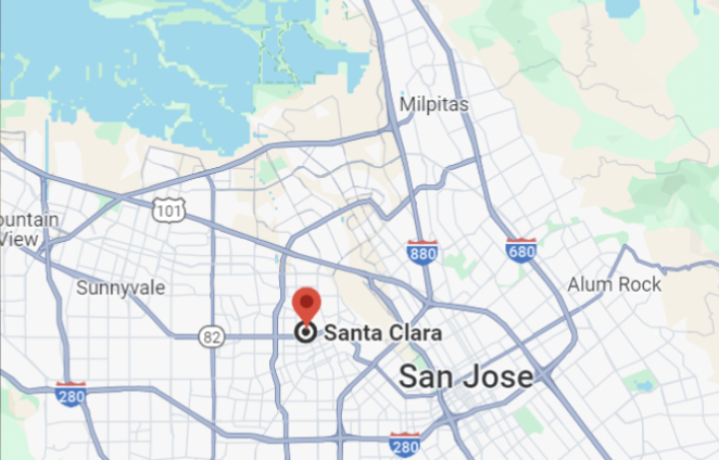 Map showing Santa Clara, California, and surrounding areas, including San Jose, Sunnyvale, Milpitas, and major highways like 101, 280, and 880.