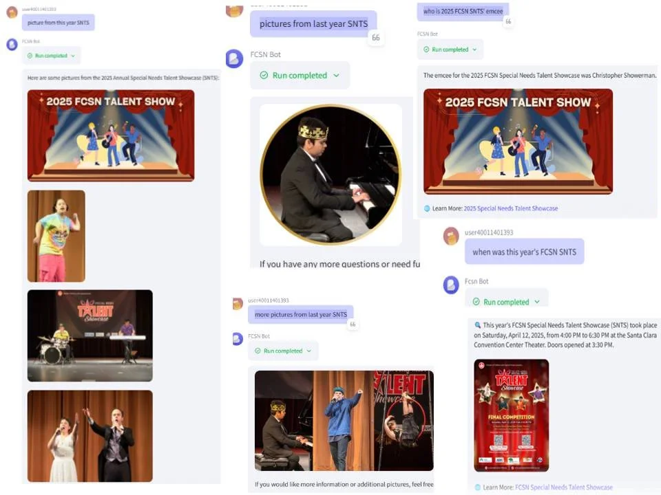 Screenshots of messages discussing the 2025 FCSN Talent Show, including photos of performers on stage, a person playing piano, and a man in a suit at a piano with a crown, all related to the event