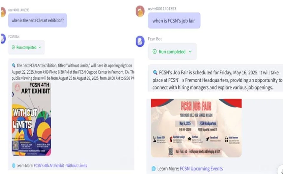 Screenshots of two chat conversations about upcoming events at FCSN. The first mentions the FCSN 4th Art Exhibit titled "Without Limits," and the second details an FCSN Job Fair scheduled for May 16, 2025.