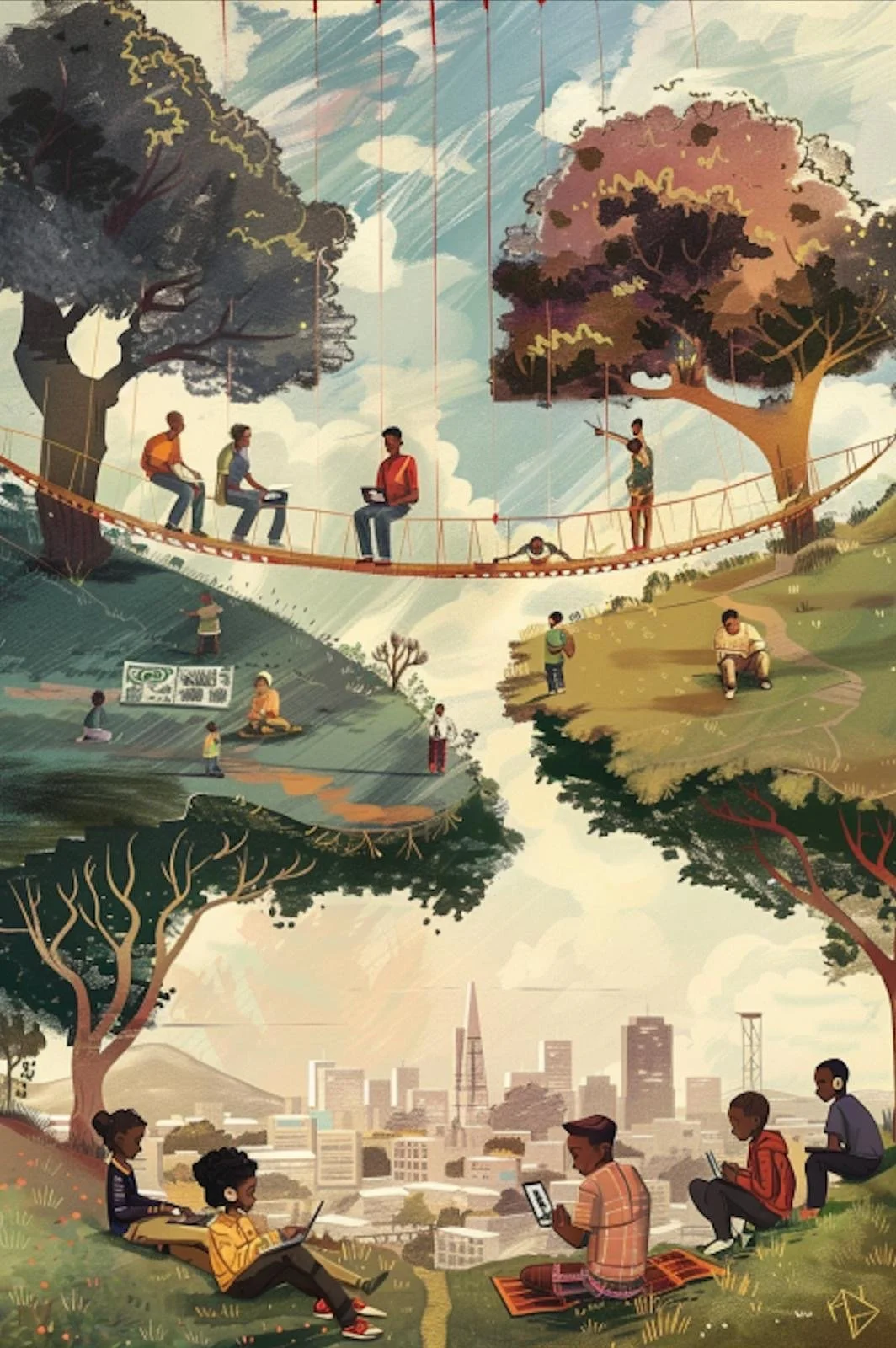 Illustration of a city park scene showing people engaging in various activities. In the foreground, five people are sitting on a grassy hill using laptops and tablets, with a city skyline in the background. In the middle and upper section, children and adults are walking, playing, and sitting on different green patches, with a suspension bridge connecting two large trees. The scene features a mix of natural elements, like trees and grass, and urban elements, like buildings and a cityscape.