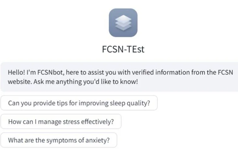 Screenshot of a chatbot named FCSN-TEST with a logo, greeting message, and three questions about sleep, stress, and anxiety.