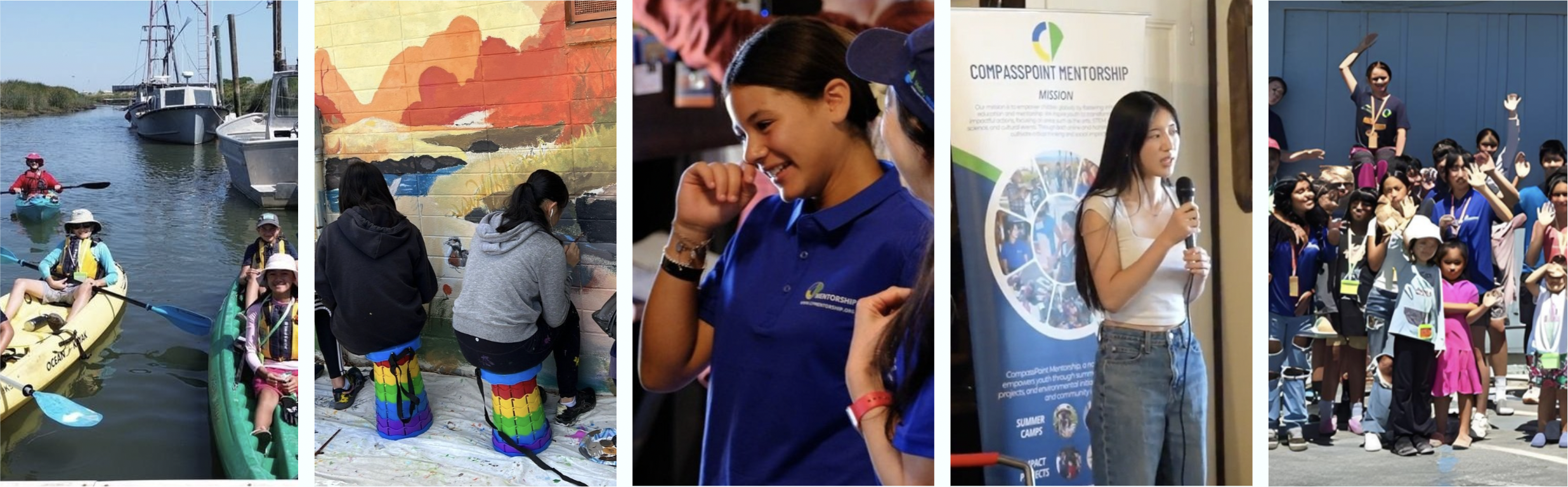 Collage of outdoor and community activities: kayaking on a waterway, painting a mural, smiling participants in a program, a woman speaking at a mentorship event, and a group of children and adults posing together.