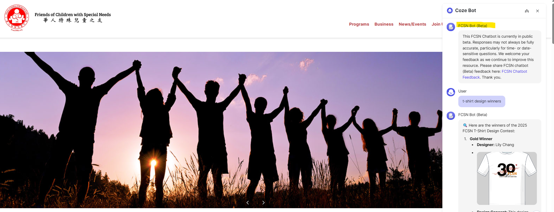Silhouetted group of children holding hands and raising them in the air during sunset, with a backdrop of purple sky and grasses.