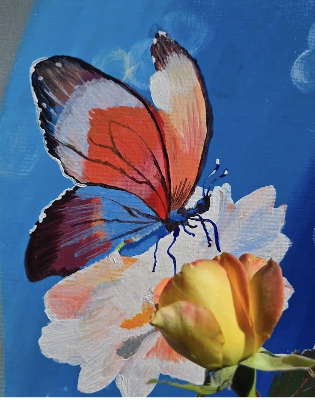 A colorful painting of a butterfly with orange, pink, and black wings, perched on a white flower, with a blue background.