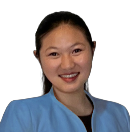 A woman with a bright smile wearing a blue shirt against a black background.