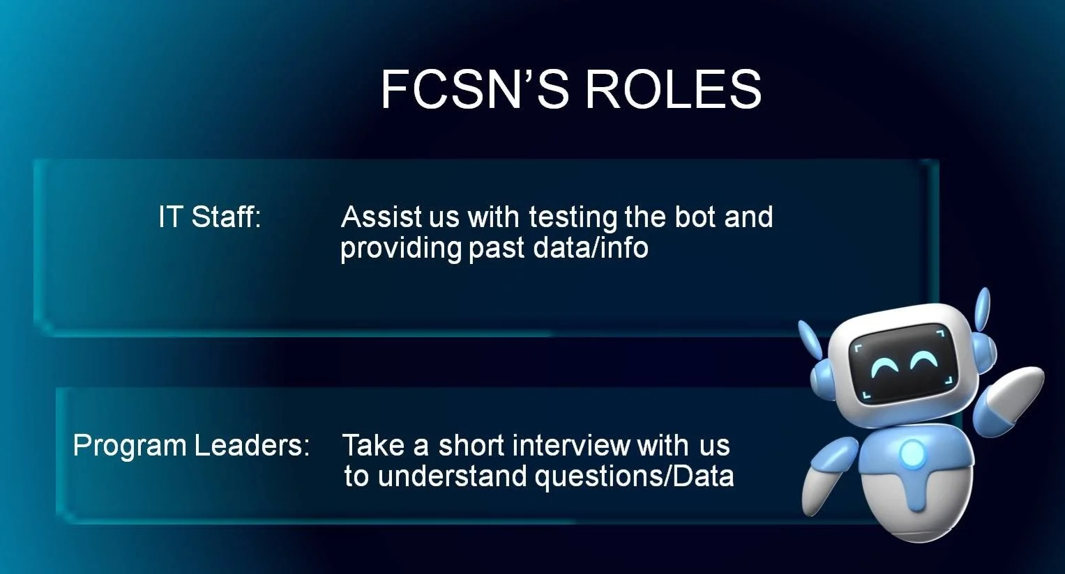 Slide titled 'FCSN'S ROLES' with two sections: IT Staff helping test a chatbot and Program Leaders conducting interviews, accompanied by a smiling robot mascot.