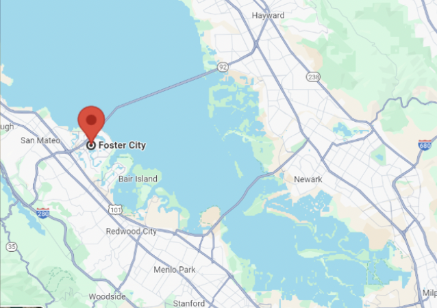 Map showing location of Foster City in California, near San Francisco Bay, with surrounding areas including San Mateo, Redwood City, and Menlo Park.