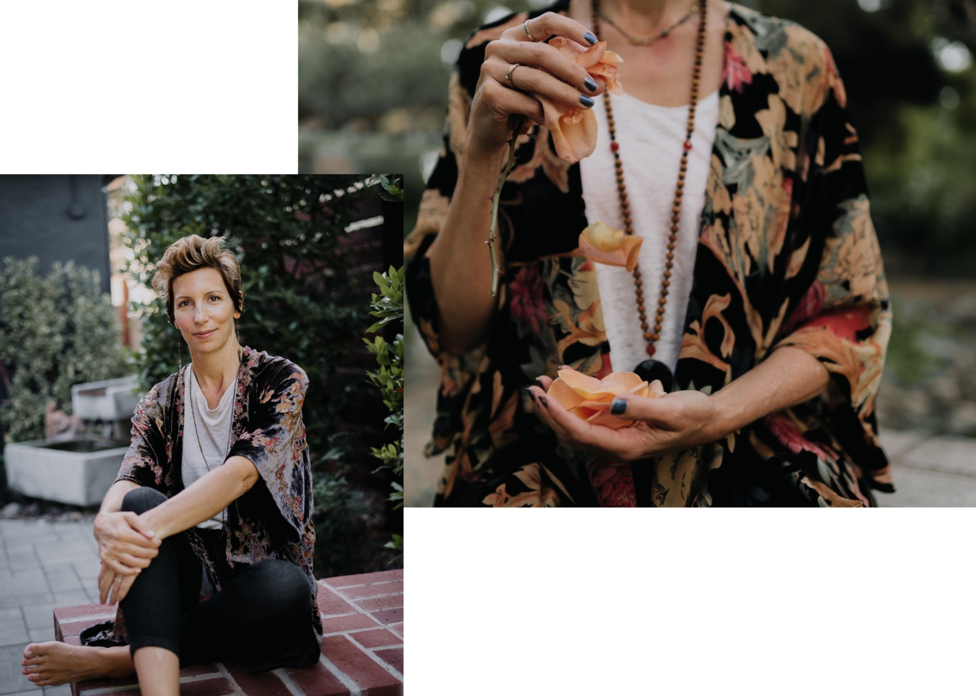 Yogi in floral shawl passes rose petals from one hand to the other, a collage with a headshot of the guest blogger and yogi in the same outfit