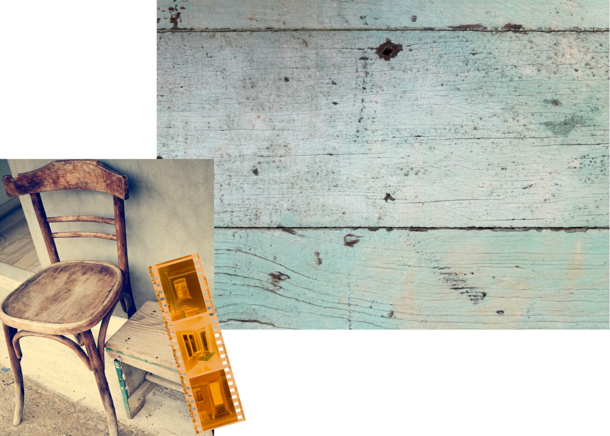 soft textures of robin's egg blue painted wood, a worn wooden chair, and an amber film strip.