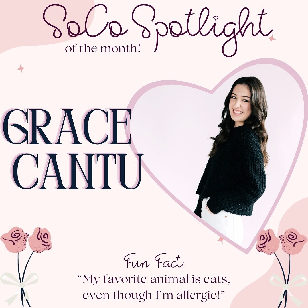 ✨February SoCo Spotlight✨

Meet SoCo Receptionist Grace!

She&rsquo;s officially been with our team for 1 year now! We absolutely adore this girl in every way, she always has a smile on her face, showing her wonderful personality to all of our lovely