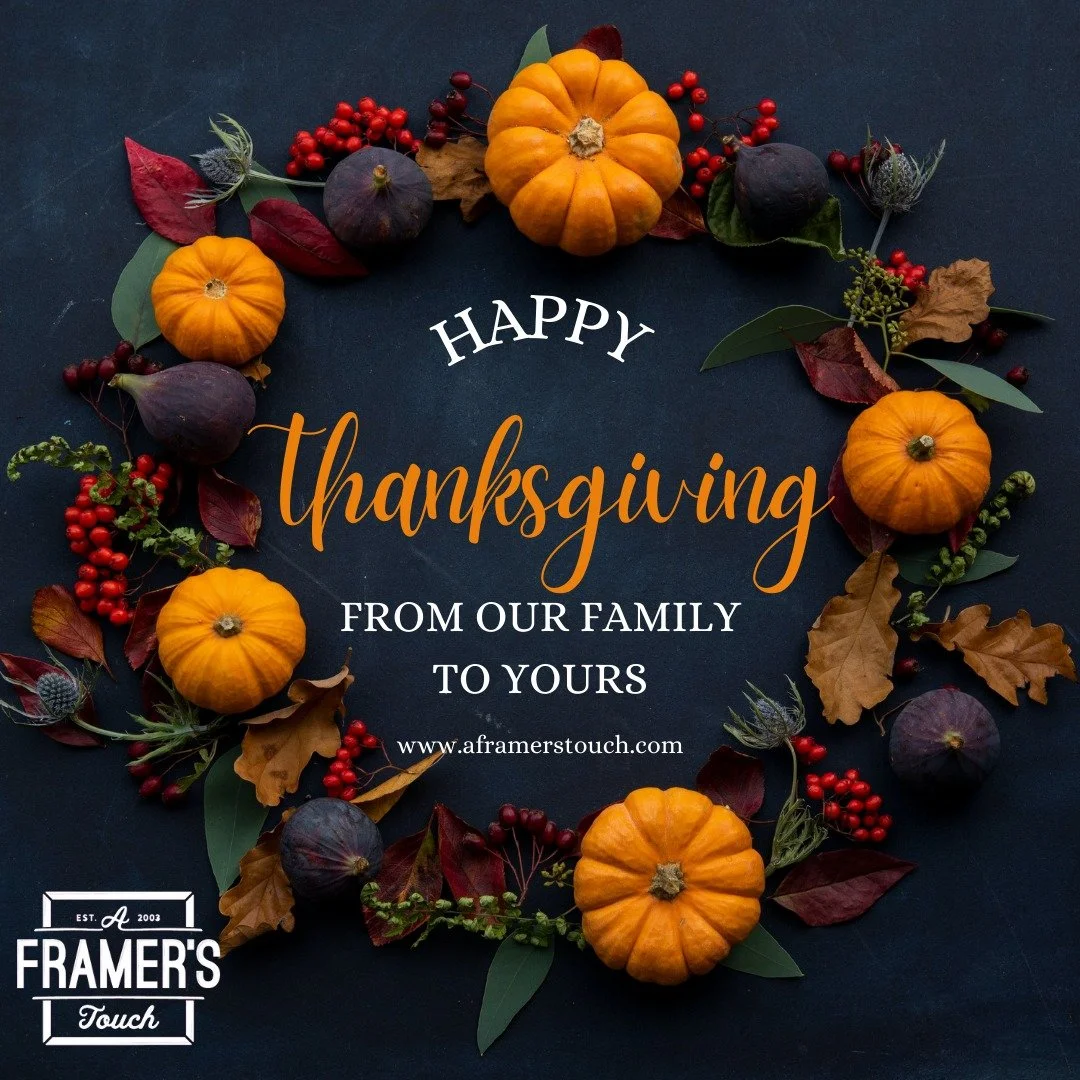Happy Thanksgiving, Forest Grove! 🦃🧡 We&rsquo;re so grateful to be part of this community and to frame the memories that mean the most to you. Just a heads-up: the gallery will be Closed tomorrow, but you can shop 20% off custom picture framing gif