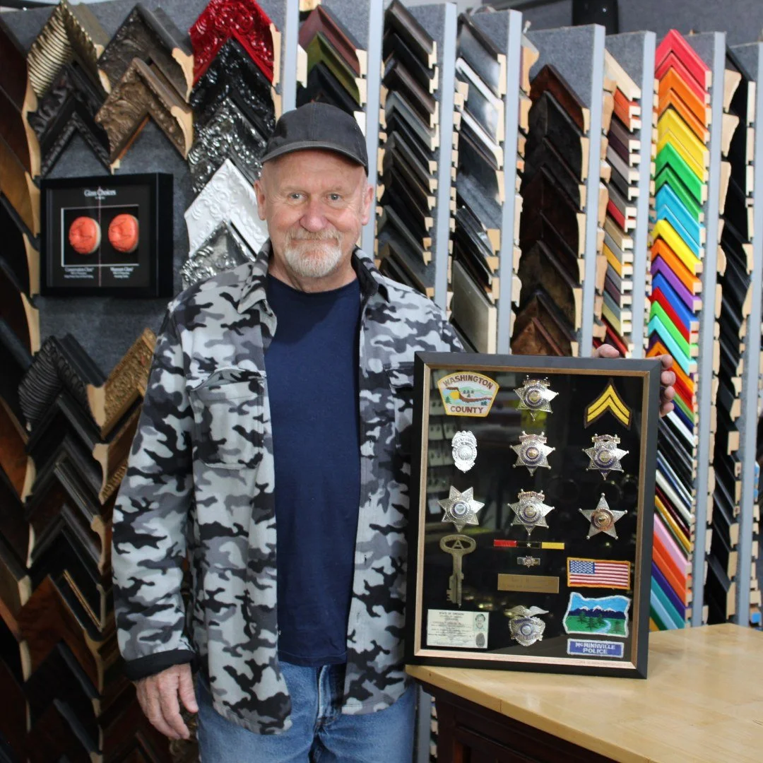 It was an honor to help Larry reorganize and preserve this retirement shadowbox. Thank you for your years of service&mdash;and for trusting us with something so meaningful.
Have memorabilia collecting dust? Or someone special retiring soon? Let us he