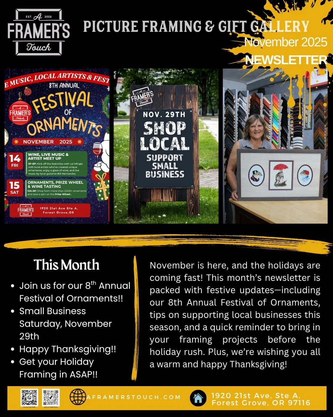 Our November Newsletter is here, and the countdown to the 8th Annual Festival of Ornaments is officially on! 🎄✨
Join us in celebrating the magic of the season and the incredible local artists who&rsquo;ve created over 300 one-of-a-kind ornaments&mda