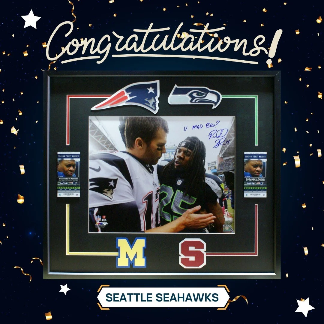 Seahawks fans, what a win!! 🏆💚💙

Still riding that Super Bowl high? Don&rsquo;t let those memories sit in a drawer. Jerseys, ticket stubs, programs, signed gear&mdash;we create custom shadowboxes that turn your game-day moments into bold, wall-wor