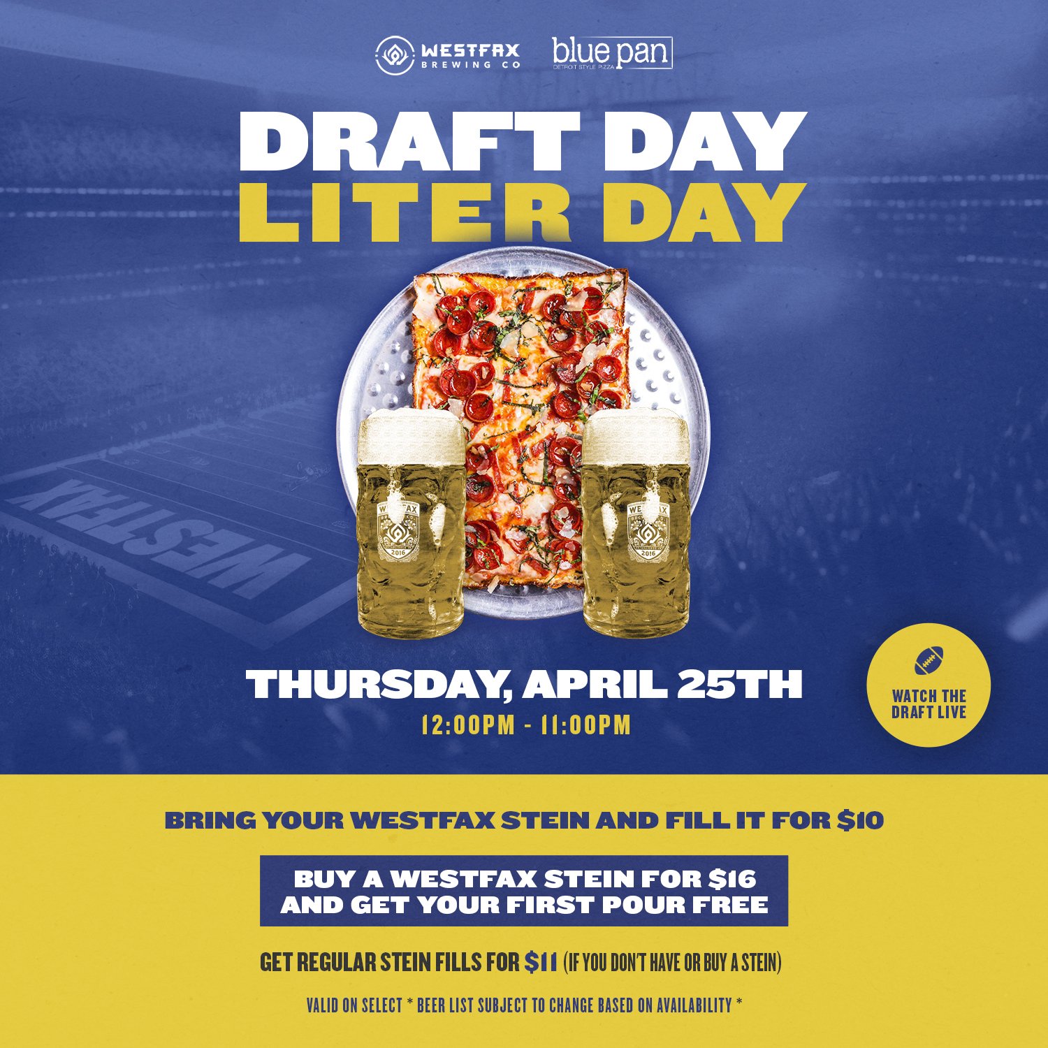 The Draft kicks off on Thursday, April 25th, and we're your ultimate viewing party destination! We'll be showing the draft and open from 12-11 PM, with $10 stein fills for those who bring their WestFax stein. 🍺

Don't have a stein? No sweat! Get you