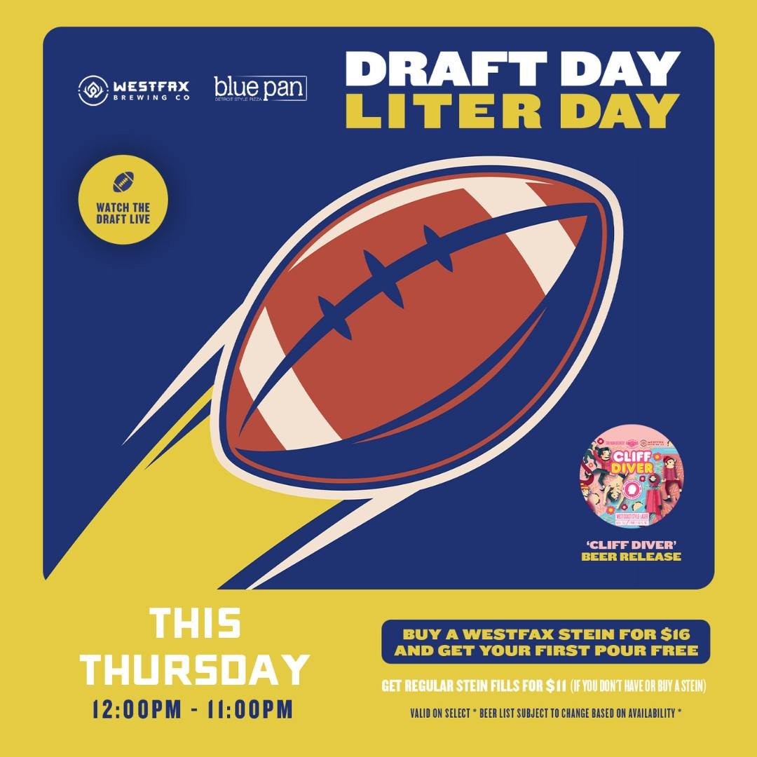 Catch all the action of the Draft LIVE this Thursday from 12 PM to 11 PM! Savor @bluepanpizza Detroit-style pizza and wash it down with our special @thinmanbrewery collab beer release, Cliff Diver. 🍕

Level up your draft day experience with our stei
