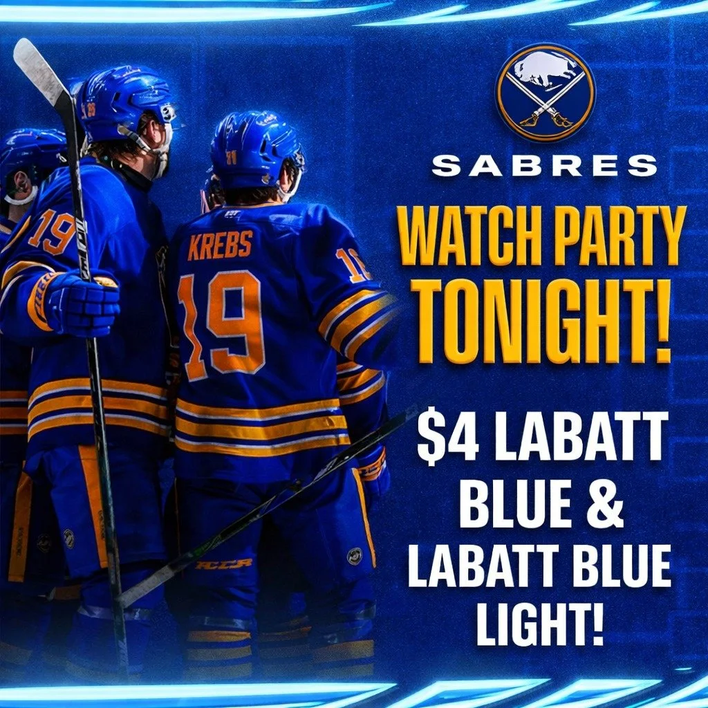 🔵🟡 We will be playing all Sabres Playoff Games🟡🔵

Hockey, cold beer, and a room full of fans&mdash;doesn&rsquo;t get better than that.

🍻 $4 Labatt Blue &amp; Labatt Blue Light ALL NIGHT
📺 Game on the ALL screens &amp; Sound on
🔥 Sabres Mafia 