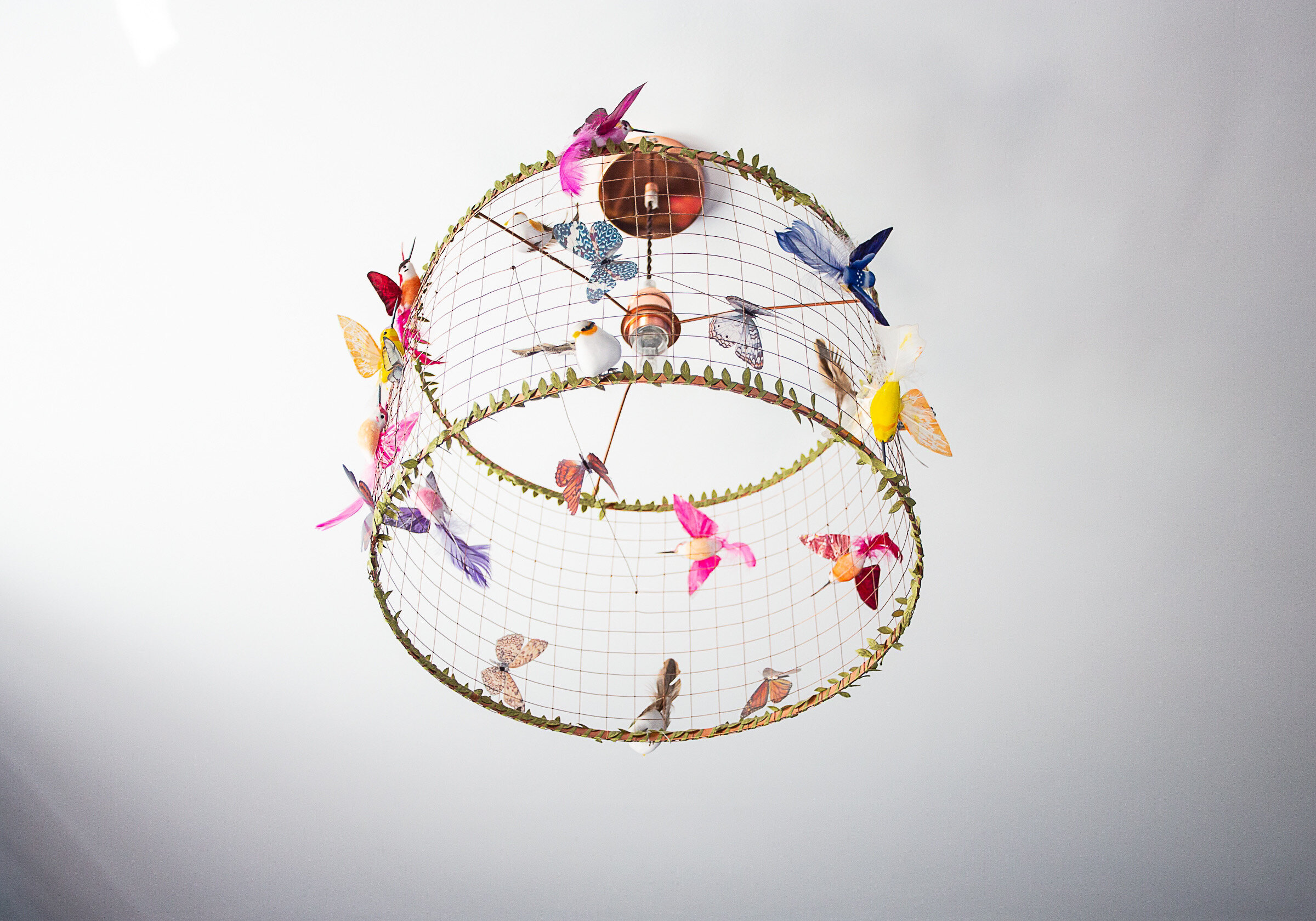 A light fixture surrounded by a wireframe of various birds that mimics a birdcage