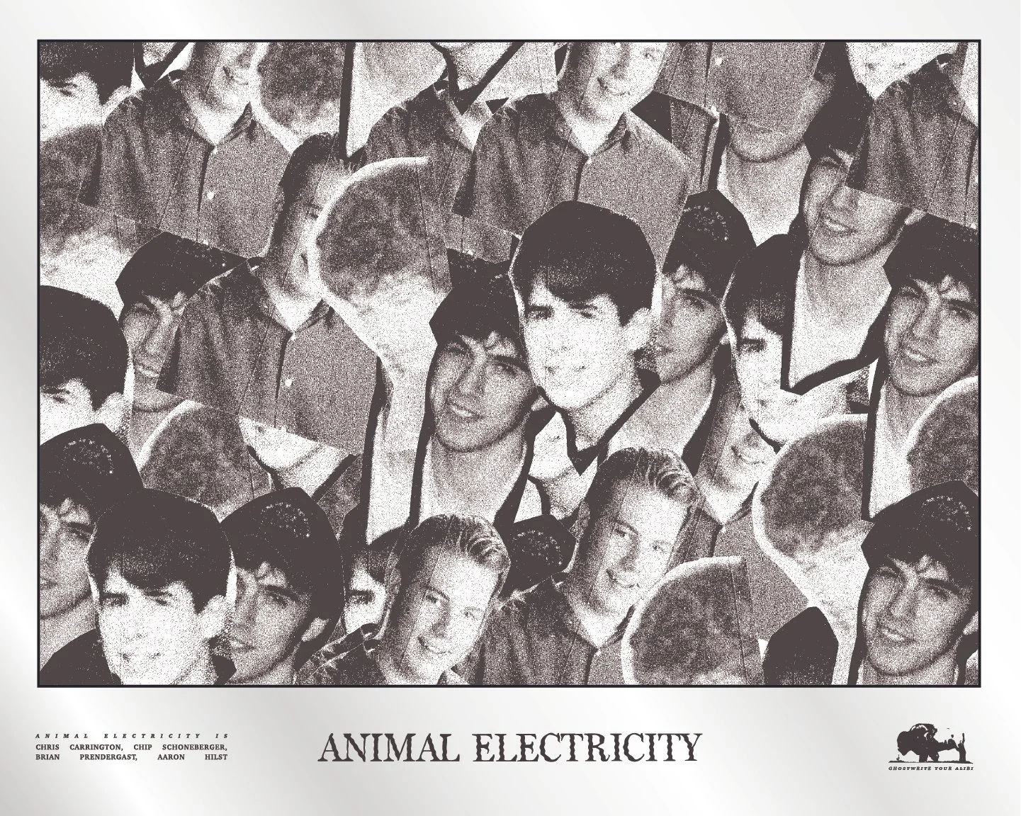 Various cutout images of young males in casual clothing, arranged closely together in a collage style. The text at the bottom reads "Animal Electricity" with credits for the images and a logo of a dog with a guitar.